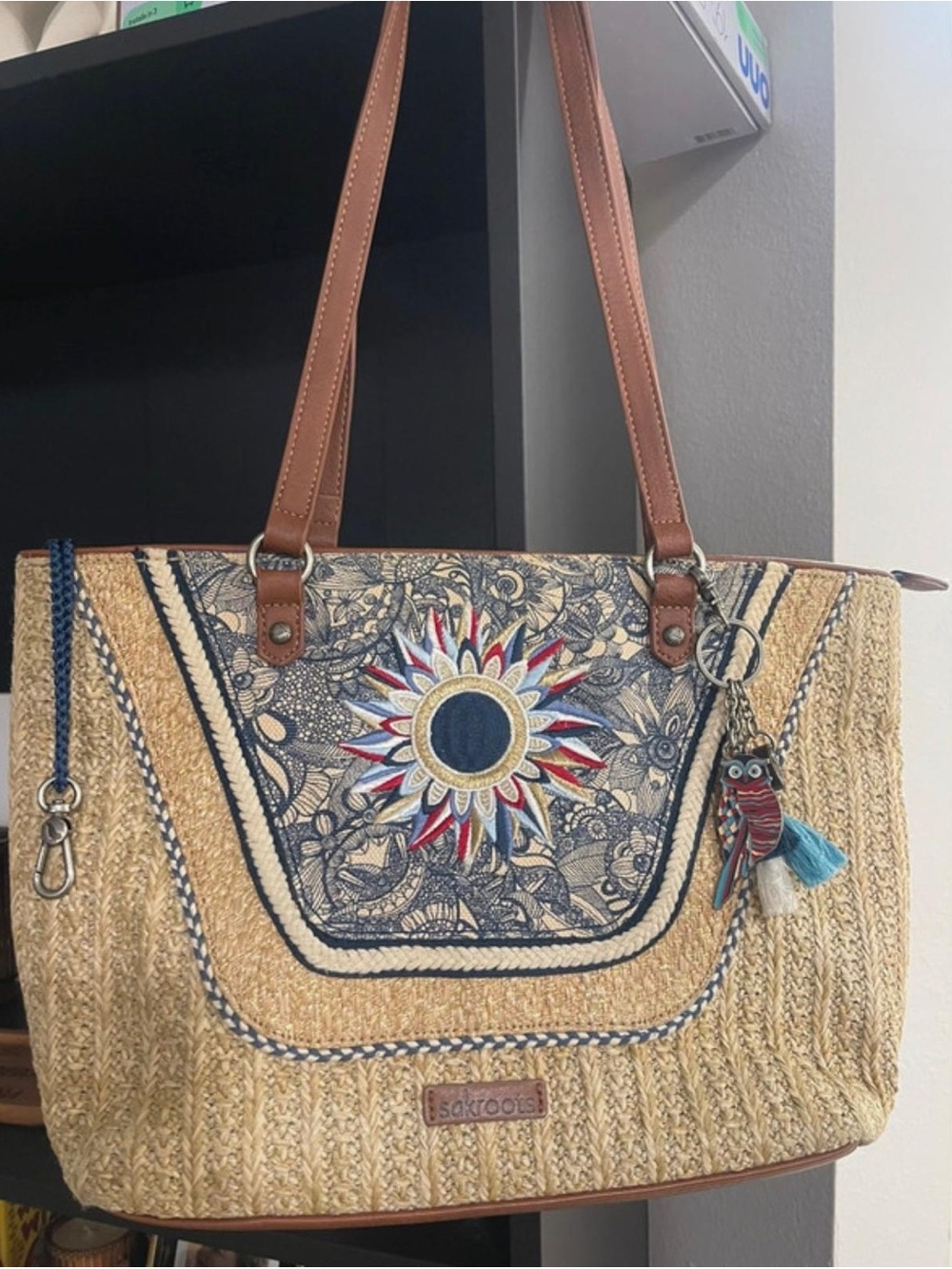 Sakroots Straw Tote with Multicolor Sunflower Embroidery Charm included